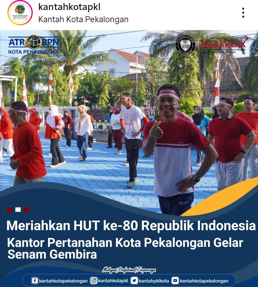 Meriahkan HUT ke-80 Republik Indonesia Kantor Pertanahan Kota Pekalongan Gelar Senam Gembira