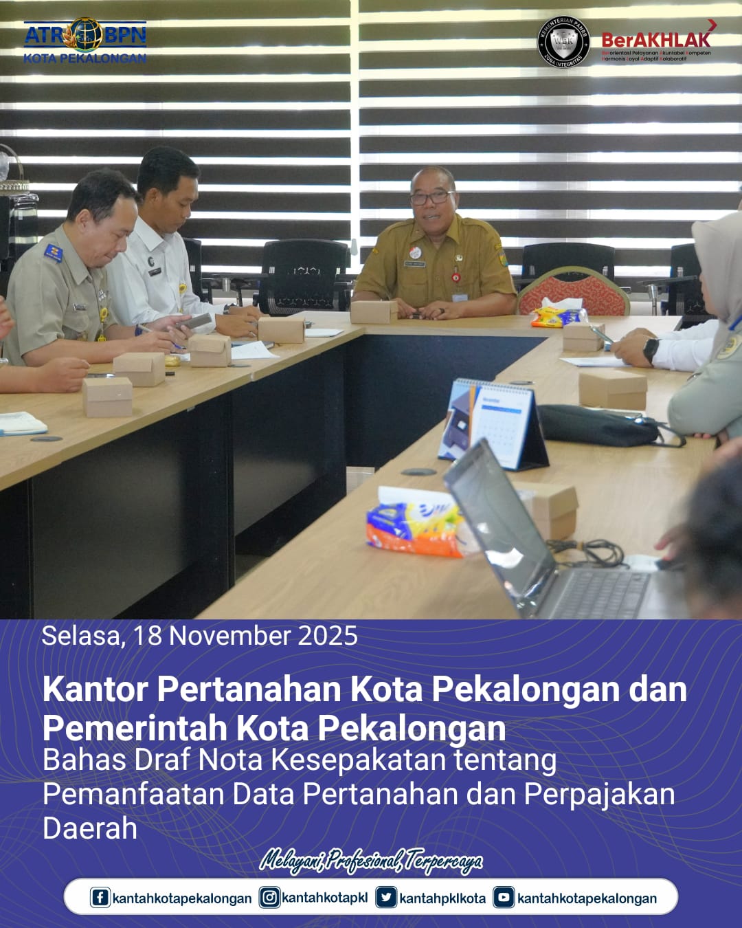 Kantor Pertanahan Kota Pekalongan dan Pemerintah Kota Pekalongan Bahas Draf Nota Kesepakatan tentang Pemanfaatan Data Pertanahan dan Perpajakan Daerah
