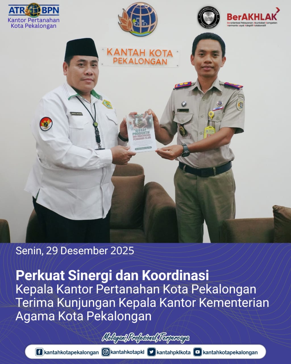 Perkuat Sinergi dan Koordinasi Kepala Kantor Pertanahan Kota Pekalongan Terima Kunjungan Kepala Kantor Kementerian Agama Kota Pekalongan