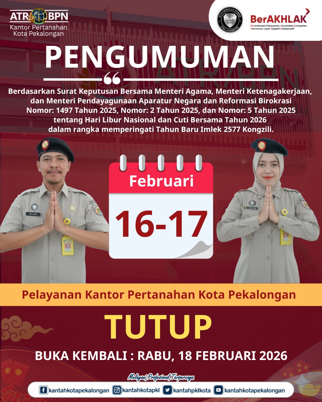 Pengumuman Libur Operasional Kantor Pertanahan Kota Pekalongan